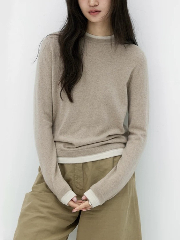 Blokkos mintázatú pulóver, látszólag két részes dizájn, kerek nyakú, hosszú ujjú