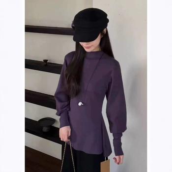 Pulover tricotat din catifea, cu mâneci lantern, talie evidențiată, guler rotund, croială slim, toamnă 2025