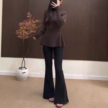 Pulover tricotat din catifea, cu mâneci lantern, talie evidențiată, guler rotund, croială slim, toamnă 2025