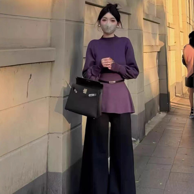 Pulover tricotat din catifea, cu mâneci lantern, talie evidențiată, guler rotund, croială slim, toamnă 2025