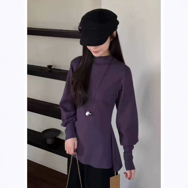 Pulover tricotat din catifea, cu mâneci lantern, talie evidențiată, guler rotund, croială slim, toamnă 2025