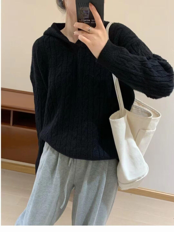 Ženski Twist pleteni hoodie džemper — široki kroj, dugi rukavi, srednja debljina, 50-70% kašmir, poliester ispod 30%