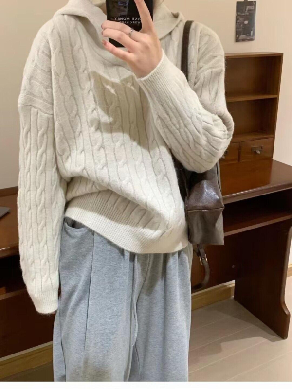 Ženski Twist pleteni hoodie džemper — široki kroj, dugi rukavi, srednja debljina, 50-70% kašmir, poliester ispod 30%