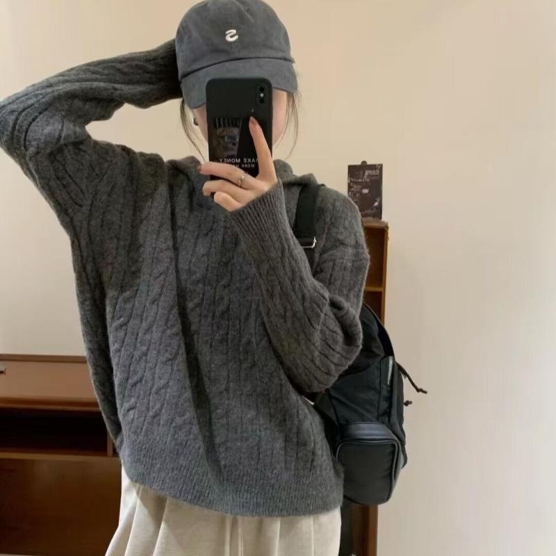 Ženski Twist pleteni hoodie džemper — široki kroj, dugi rukavi, srednja debljina, 50-70% kašmir, poliester ispod 30%