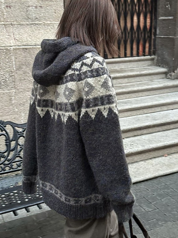 Kardigan s kapuljačom i jacquard uzorkom – vintage retro stil, geometrijski uzorak, srednja debljina, normalan kroj, za odrasle žene