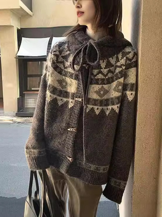Kardigan s kapuljačom i jacquard uzorkom – vintage retro stil, geometrijski uzorak, srednja debljina, normalan kroj, za odrasle žene