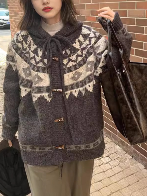 Kardigan s kapuljačom i jacquard uzorkom – vintage retro stil, geometrijski uzorak, srednja debljina, normalan kroj, za odrasle žene