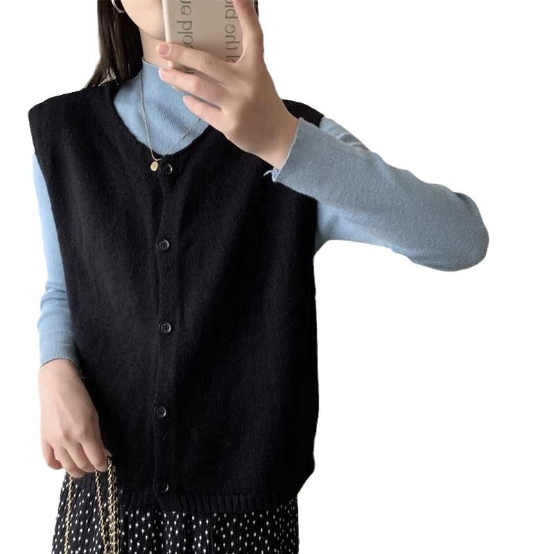 Ženska dvostruka pletena vesta-kardigan, jesen 2024, korejski stil, širok kroj, retro meka tekstura, pleteni poliester-spandeks
