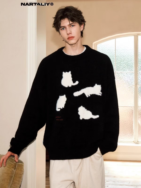 Kapucnis kötött pulóver, laza szabás, Mohair és Mink Velvet anyaggal, kerek nyakú, hímzés, téli 2024