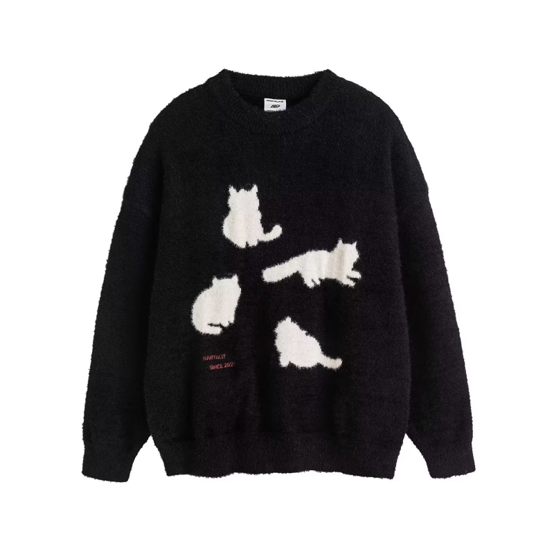 Kapucnis kötött pulóver, laza szabás, Mohair és Mink Velvet anyaggal, kerek nyakú, hímzés, téli 2024