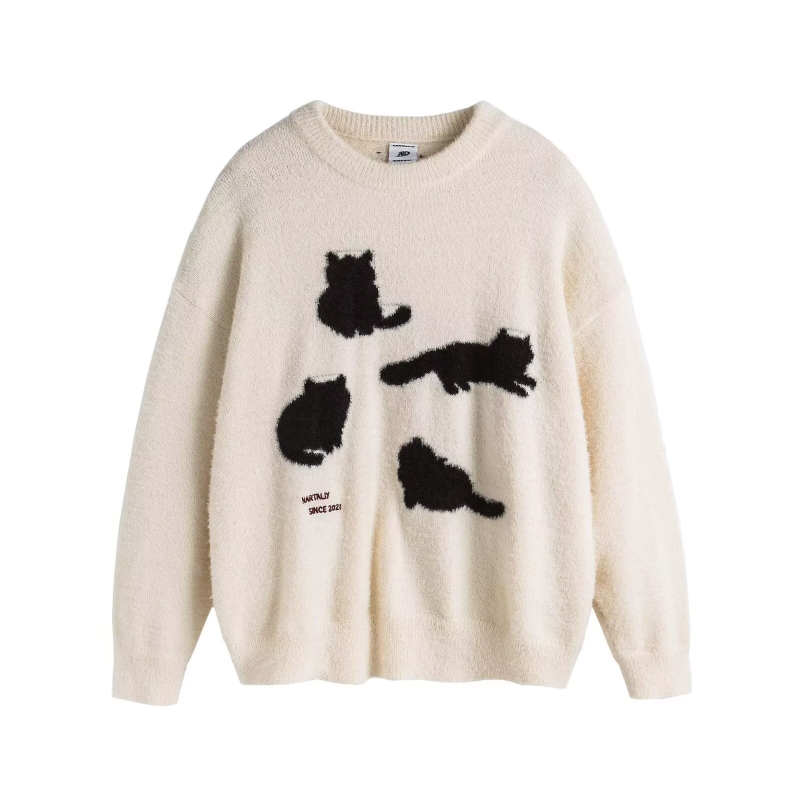 Kapucnis kötött pulóver, laza szabás, Mohair és Mink Velvet anyaggal, kerek nyakú, hímzés, téli 2024