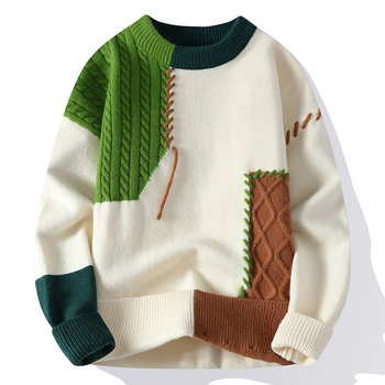 Muški pleteni džemper, korejskog stila, jacquard uzorak, okrugli izrez, širok kroj, akrilna smjesa