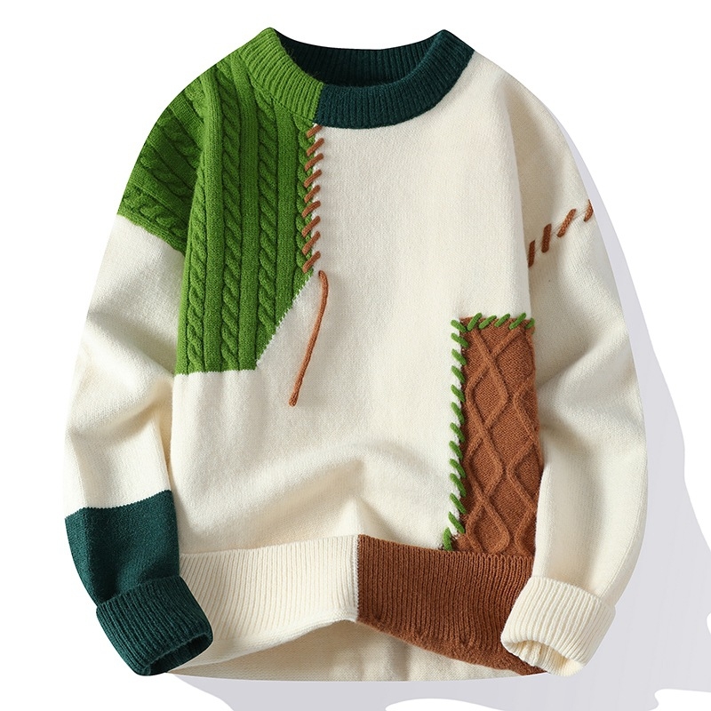 Muški pleteni džemper, korejskog stila, jacquard uzorak, okrugli izrez, širok kroj, akrilna smjesa
