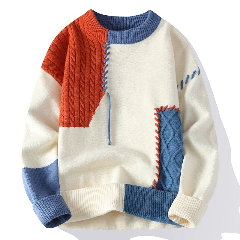 Muški pleteni džemper, korejskog stila, jacquard uzorak, okrugli izrez, širok kroj, akrilna smjesa