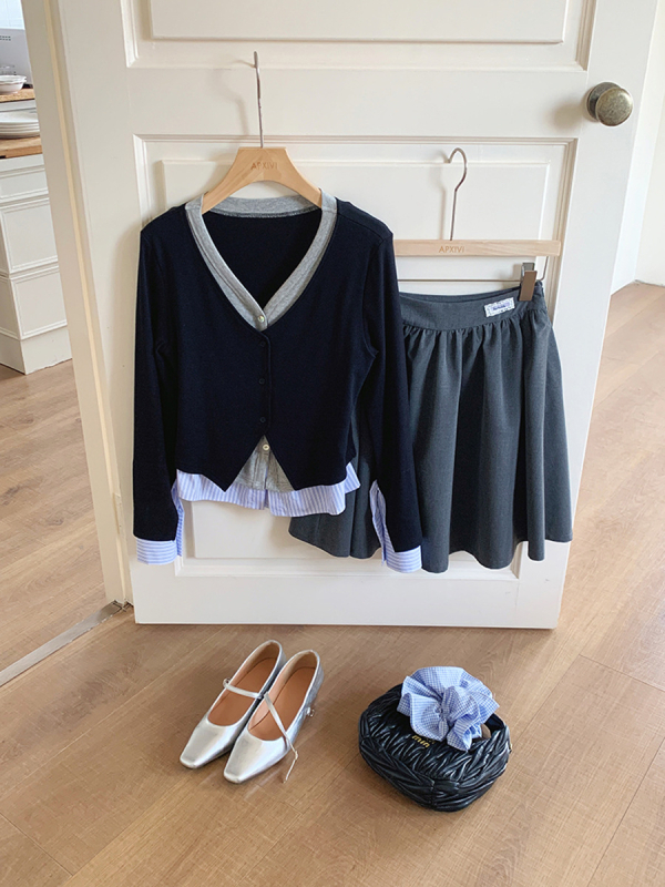 Korejskog stila pleteni kardigan s lažnim dvodijelnim dizajnom, dugi rukavi, proljeće, Y2776F