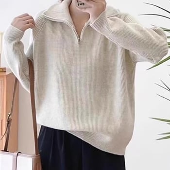 Дамски пуловер от полар флийс с акрил и полиестер, свободна кройка, дълги ръкави, половин висока яка