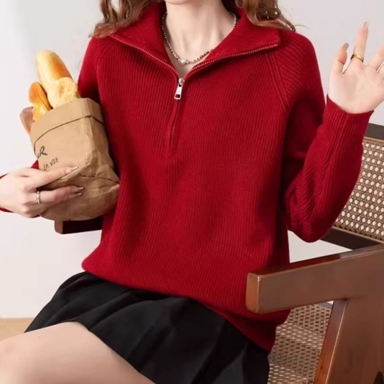 Дамски пуловер от полар флийс с акрил и полиестер, свободна кройка, дълги ръкави, половин висока яка