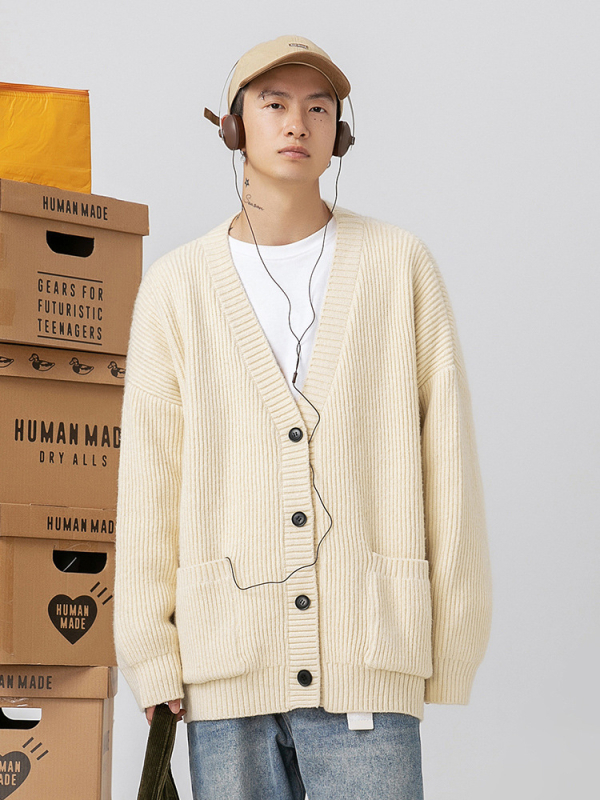 Ζακέτα πλεκτή, φαρδιά γραμμή, V-λαιμό, 100% πολυεστέρας, χειμώνας 2024