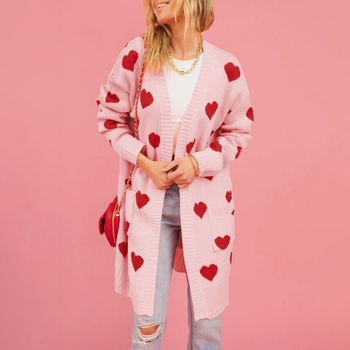 Ženski debeli pleteni kardigan s uzorkom srca, srednja duljina, V-izrez, dugi rukavi, akrilno vlakno ≥95%