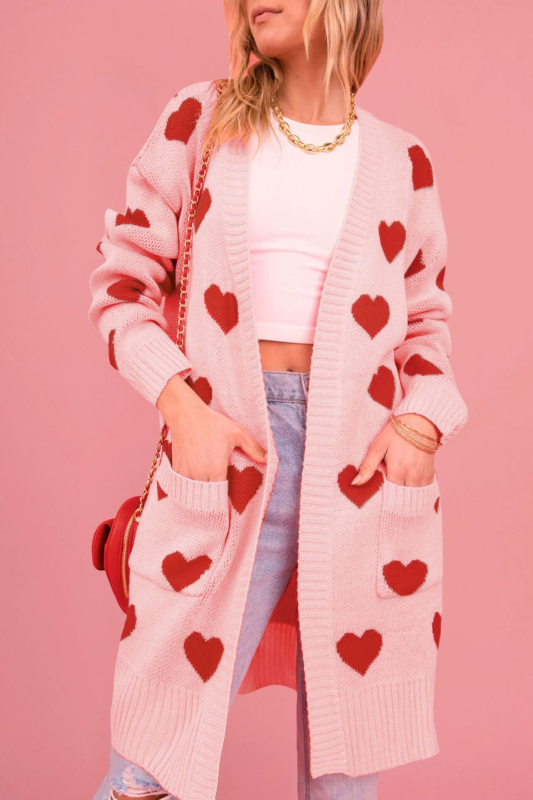 Ženski debeli pleteni kardigan s uzorkom srca, srednja duljina, V-izrez, dugi rukavi, akrilno vlakno ≥95%