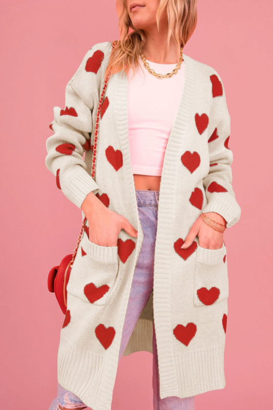 Ženski debeli pleteni kardigan s uzorkom srca, srednja duljina, V-izrez, dugi rukavi, akrilno vlakno ≥95%