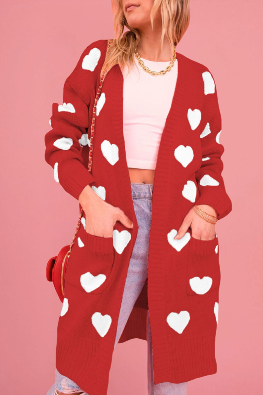 Ženski debeli pleteni kardigan s uzorkom srca, srednja duljina, V-izrez, dugi rukavi, akrilno vlakno ≥95%