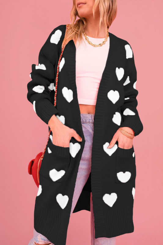 Ženski debeli pleteni kardigan s uzorkom srca, srednja duljina, V-izrez, dugi rukavi, akrilno vlakno ≥95%