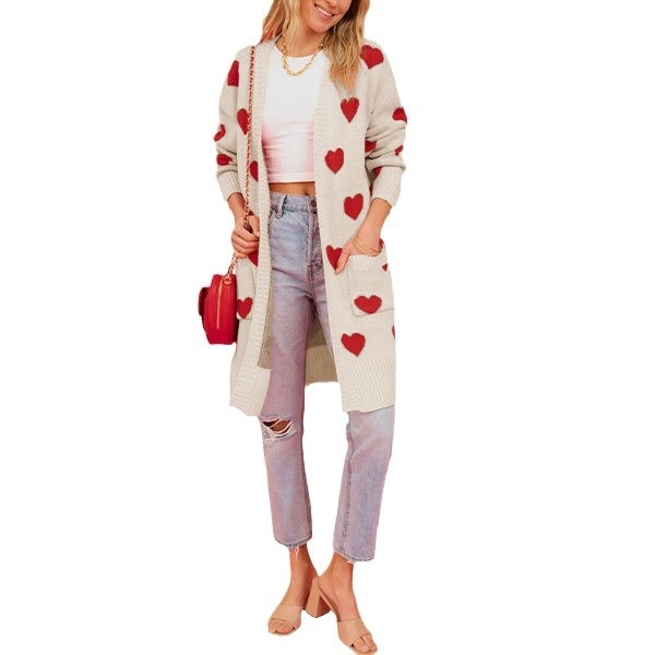 Ženski debeli pleteni kardigan s uzorkom srca, srednja duljina, V-izrez, dugi rukavi, akrilno vlakno ≥95%