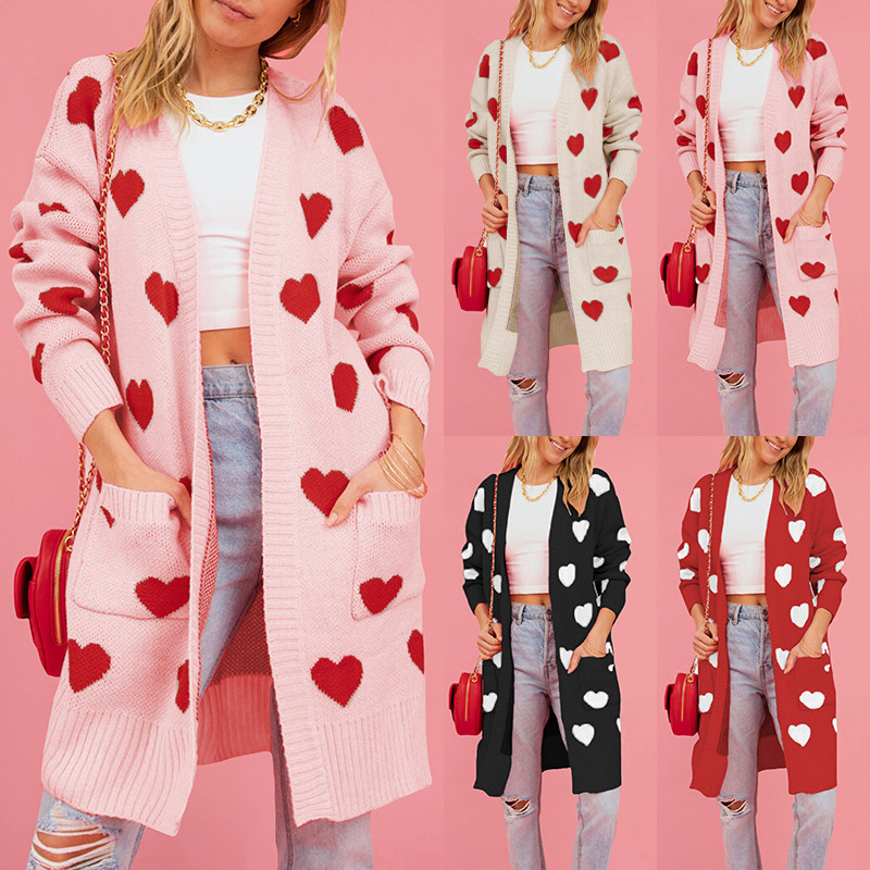 Ženski debeli pleteni kardigan s uzorkom srca, srednja duljina, V-izrez, dugi rukavi, akrilno vlakno ≥95%