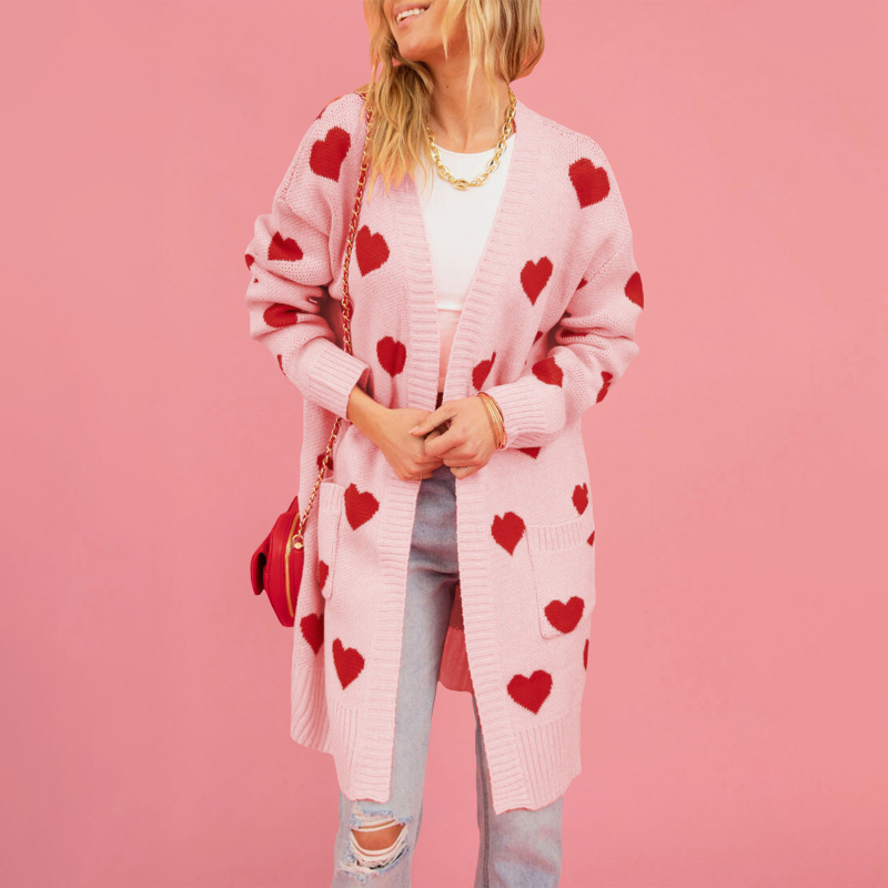 Ženski debeli pleteni kardigan s uzorkom srca, srednja duljina, V-izrez, dugi rukavi, akrilno vlakno ≥95%