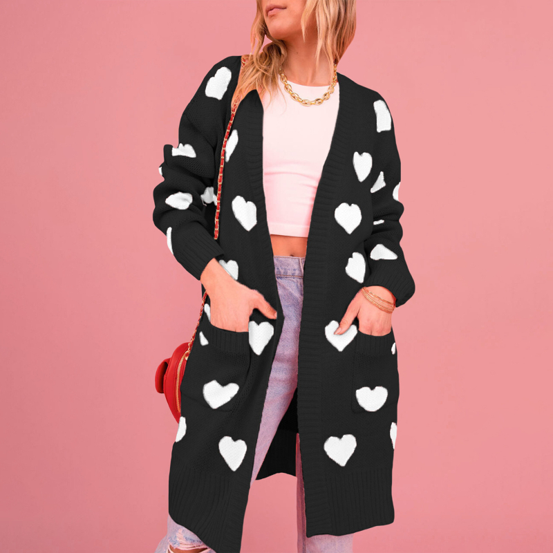 Ženski debeli pleteni kardigan s uzorkom srca, srednja duljina, V-izrez, dugi rukavi, akrilno vlakno ≥95%