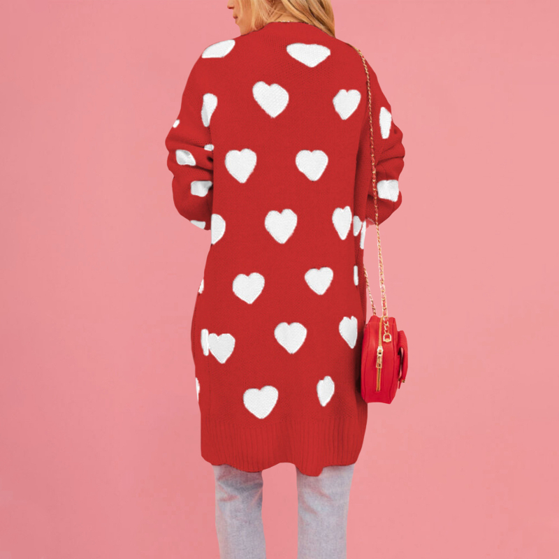 Ženski debeli pleteni kardigan s uzorkom srca, srednja duljina, V-izrez, dugi rukavi, akrilno vlakno ≥95%