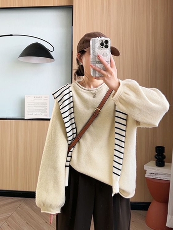 Japanski stil, ležerni pulover s okruglim izrezom, dugi rukavi, slobodan kroj, mješavina akrila i najlona s kašmirskim dojmom, debelo pletenje