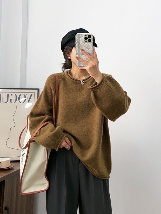 Japanski stil, ležerni pulover s okruglim izrezom, dugi rukavi, slobodan kroj, mješavina akrila i najlona s kašmirskim dojmom, debelo pletenje