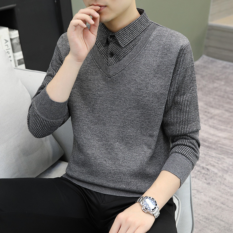 Pulover tricotat de iarnă pentru bărbați, cu guler de cămașă, croială lejeră, mâneci lungi, amestec poliester