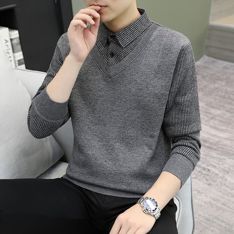 Pulover tricotat de iarnă pentru bărbați, cu guler de cămașă, croială lejeră, mâneci lungi, amestec poliester