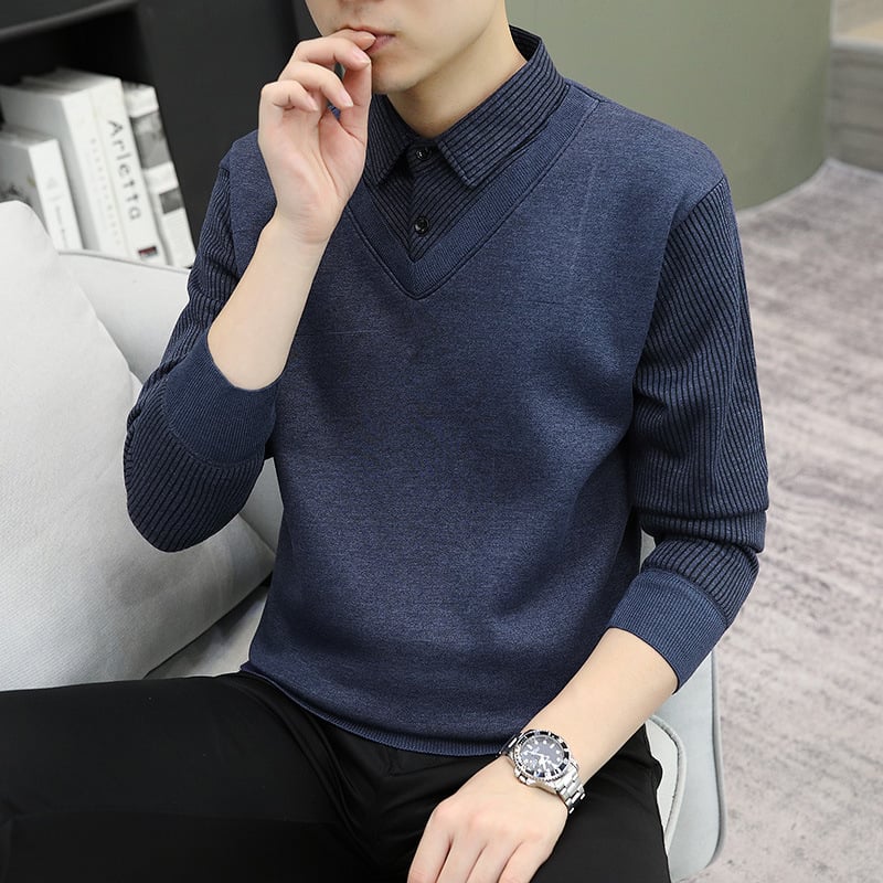 Pulover tricotat de iarnă pentru bărbați, cu guler de cămașă, croială lejeră, mâneci lungi, amestec poliester