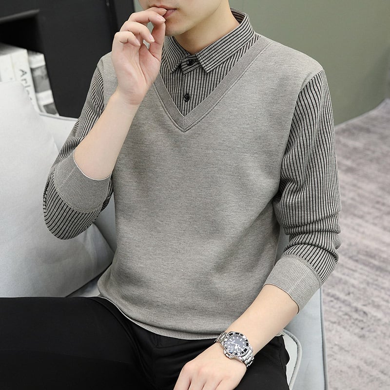 Pulover tricotat de iarnă pentru bărbați, cu guler de cămașă, croială lejeră, mâneci lungi, amestec poliester