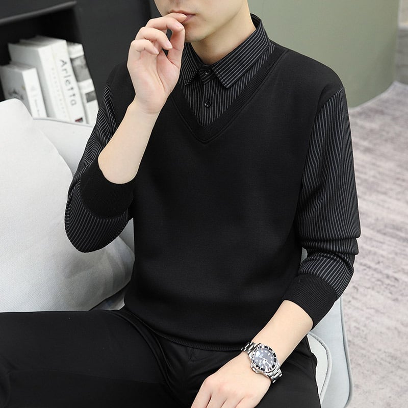 Pulover tricotat de iarnă pentru bărbați, cu guler de cămașă, croială lejeră, mâneci lungi, amestec poliester
