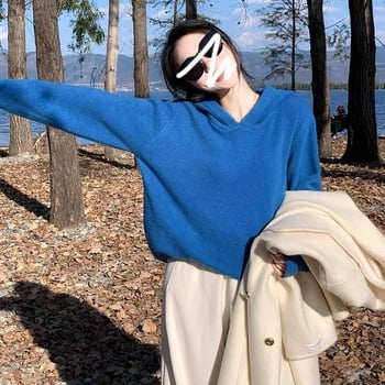 Pulover tricotat cu glugă pentru femei, gros, acril-poliester, croială lejeră, mâneci lungi