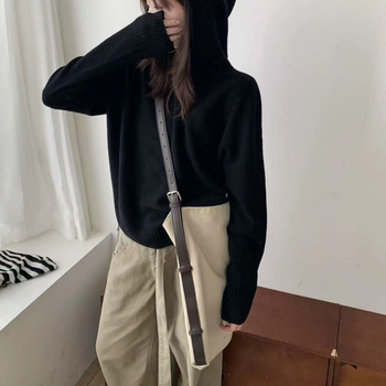 Pulover tricotat cu glugă pentru femei, gros, acril-poliester, croială lejeră, mâneci lungi