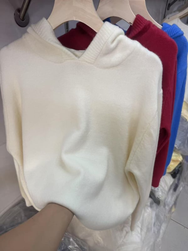 Pulover tricotat cu glugă pentru femei, gros, acril-poliester, croială lejeră, mâneci lungi