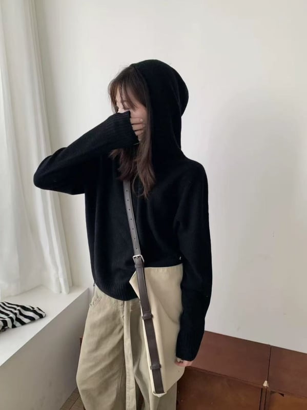 Pulover tricotat cu glugă pentru femei, gros, acril-poliester, croială lejeră, mâneci lungi