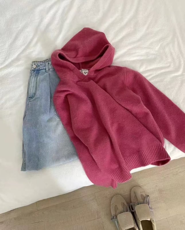 Pulover tricotat cu glugă pentru femei, gros, acril-poliester, croială lejeră, mâneci lungi