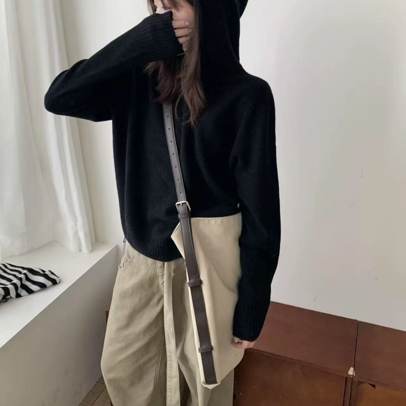 Pulover tricotat cu glugă pentru femei, gros, acril-poliester, croială lejeră, mâneci lungi