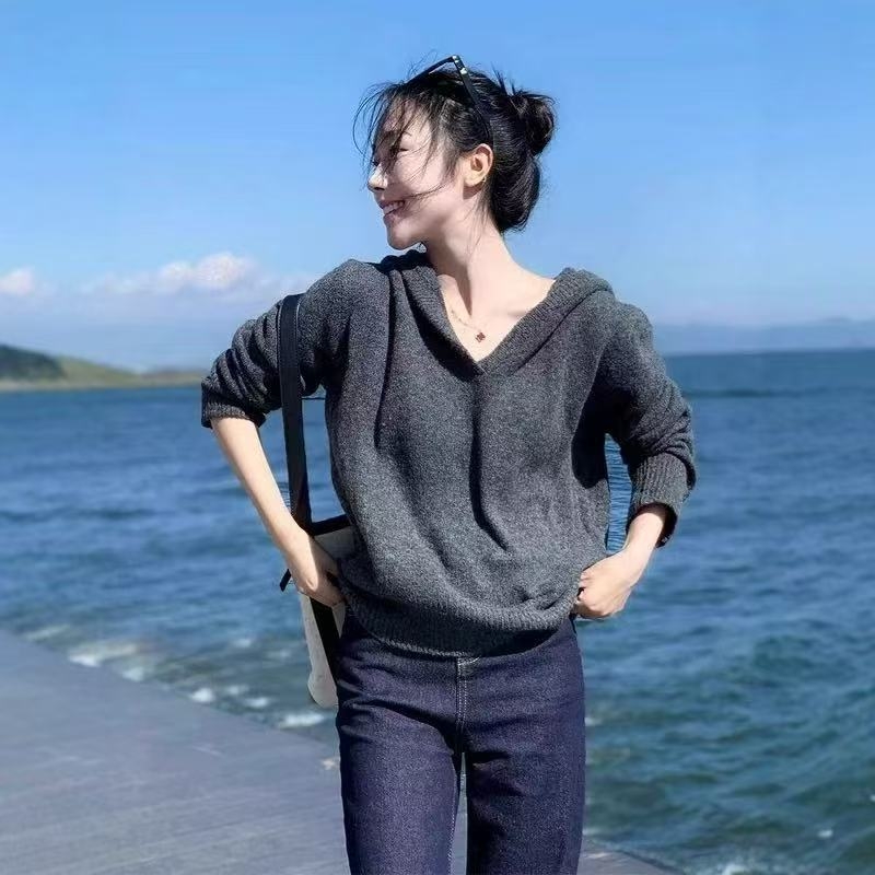 Pulover tricotat cu glugă pentru femei, gros, acril-poliester, croială lejeră, mâneci lungi