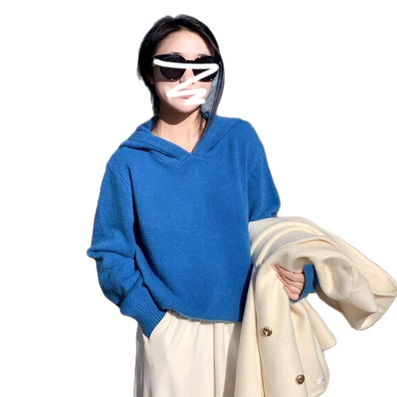 Pulover tricotat cu glugă pentru femei, gros, acril-poliester, croială lejeră, mâneci lungi