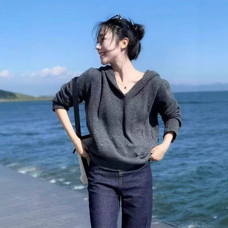 Pulover tricotat cu glugă pentru femei, gros, acril-poliester, croială lejeră, mâneci lungi