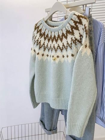 Ženski debeli pleteni pulover s okruglim izrezom, jesen/zima, korejski stil, široki kroj, geometrijski uzorak