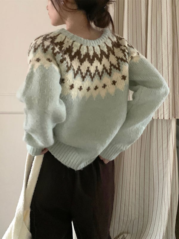 Ženski debeli pleteni pulover s okruglim izrezom, jesen/zima, korejski stil, široki kroj, geometrijski uzorak